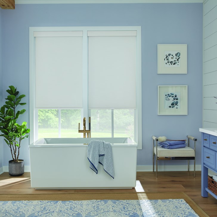 Roller Shade with EasyTouch Cordless Lift, Fabric-Wrapped Hem Bar: Tahoe, Wading Water 14707 and Contour Valance; Sliding Panels with Wand Control: Tahoe, Wading Water T4707